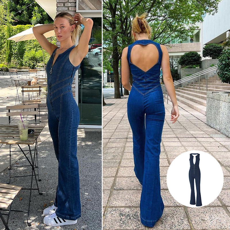 Damen Rückenfreier Denim-Jumpsuit mit Herzausschnitt