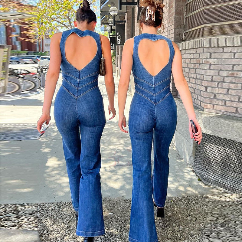 Damen Rückenfreier Denim-Jumpsuit mit Herzausschnitt