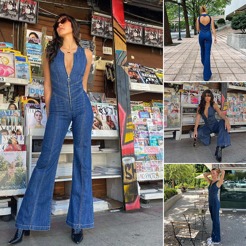 Damen Rückenfreier Denim-Jumpsuit mit Herzausschnitt