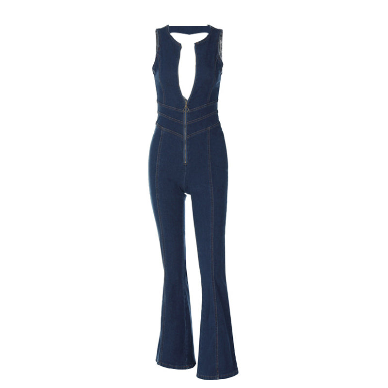 Damen Rückenfreier Denim-Jumpsuit mit Herzausschnitt